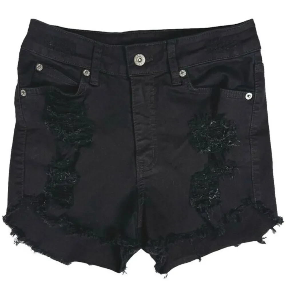 Carmar Black High Waist Jean Shorts Size 26 Destroyed Denim Booty Shorts Ripped